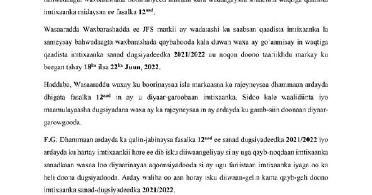 Wasaaradda Waxbarashada Soomaaliya oo soo saartay waqtiga la qaadayo Imtixaanka shahaadiga