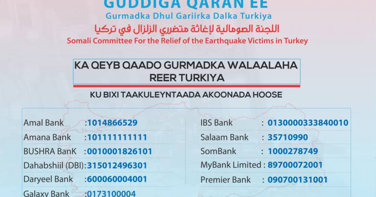 Guddiga gurmadka Soomaalida ee dhul-gariirkii ka dhacay Turkiga oo Akoono shaaciyey