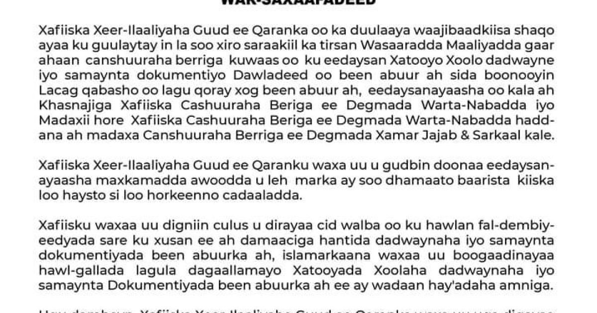 Saraakiil ka tirsan Wasaaradda Maaliyadda oo loo soo xiray xatooyo xoolo dadweyne
