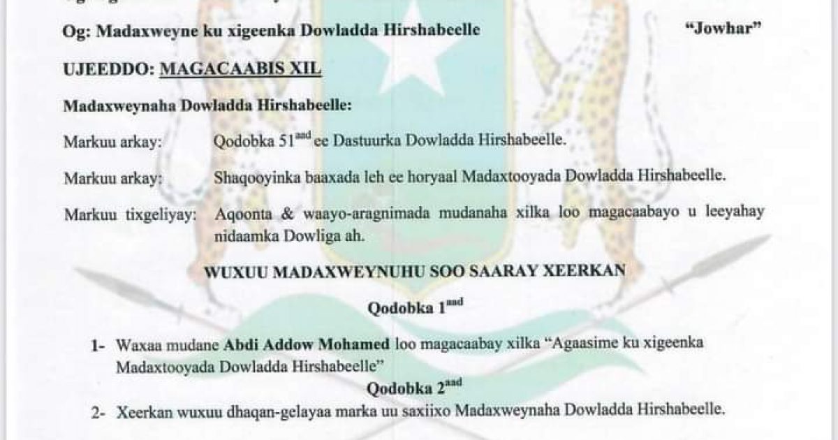 Cabdi Cadow oo loo magacaabay Agaasime ku-xigeenka Madaxtooyada Hirshabeelle
