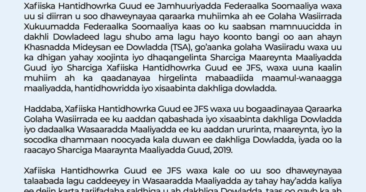 Hantidhowrka Guud ee Qaranka oo soo dhaweeyay qaraarkii Golaha Wasiirrada