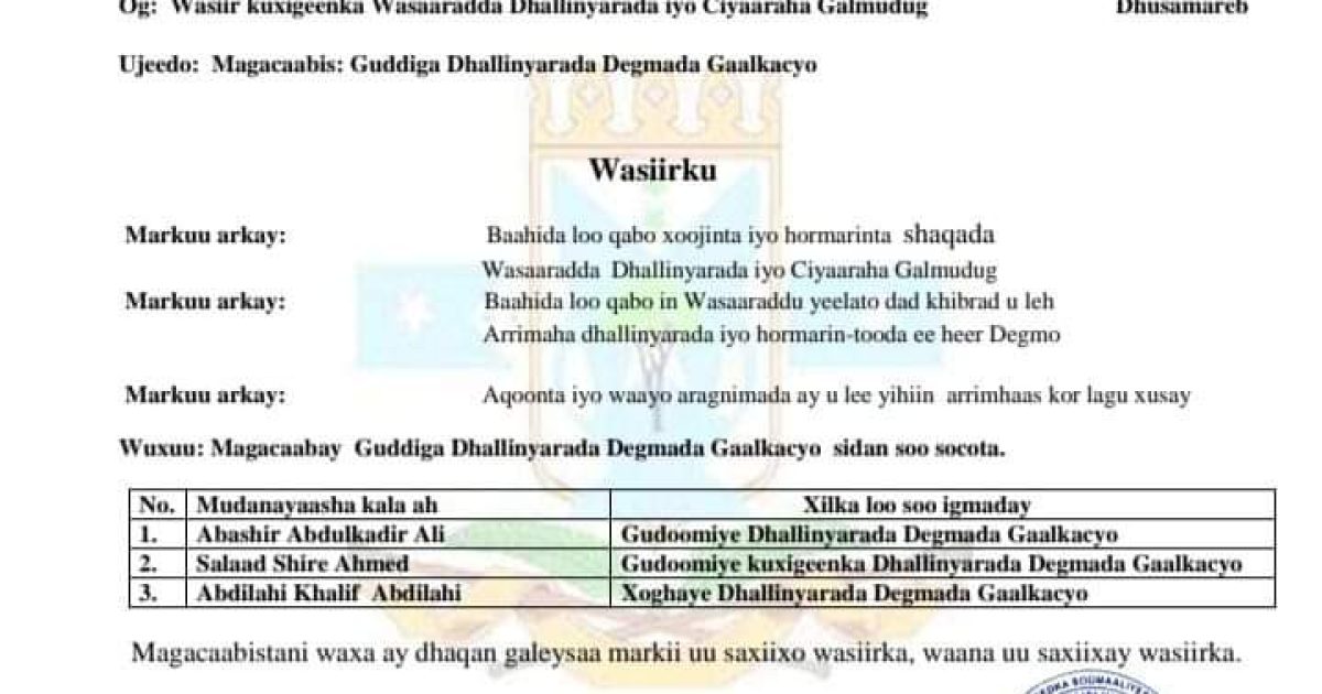 Guddoonka Dhallinyarada Degmada Gaalkacyo oo la magacaabay