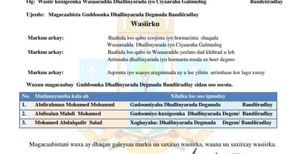 Guddoonka dhallinyarada Bandiiradlay oo la magacaabay