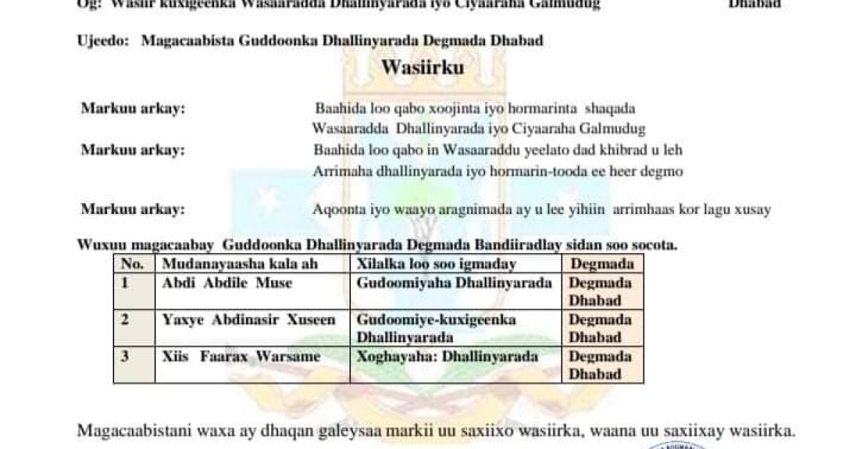 Guddoonka dhallinyarada Dhabad oo la magacaabay