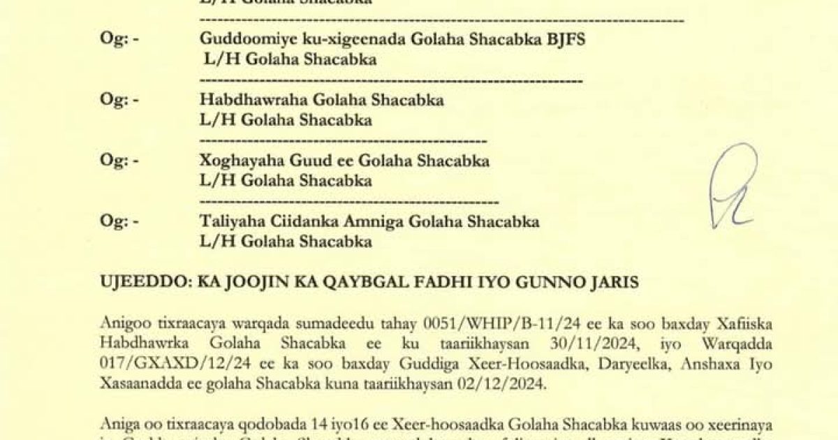 Guddoonka Golaha Shacabka oo soo saaray goaanno adag