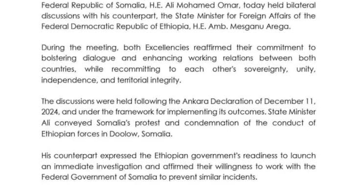 Soomaaliya iyo Itoobiya oo ka wada hadlay dhameystirka heshiiskii Ankara