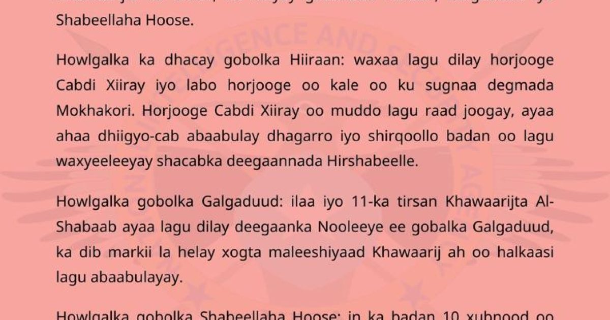 NISA iyo saaxiibadeeda oo howlgallo ka fuliyay saddex mid ah gobolada Soomaaliya 