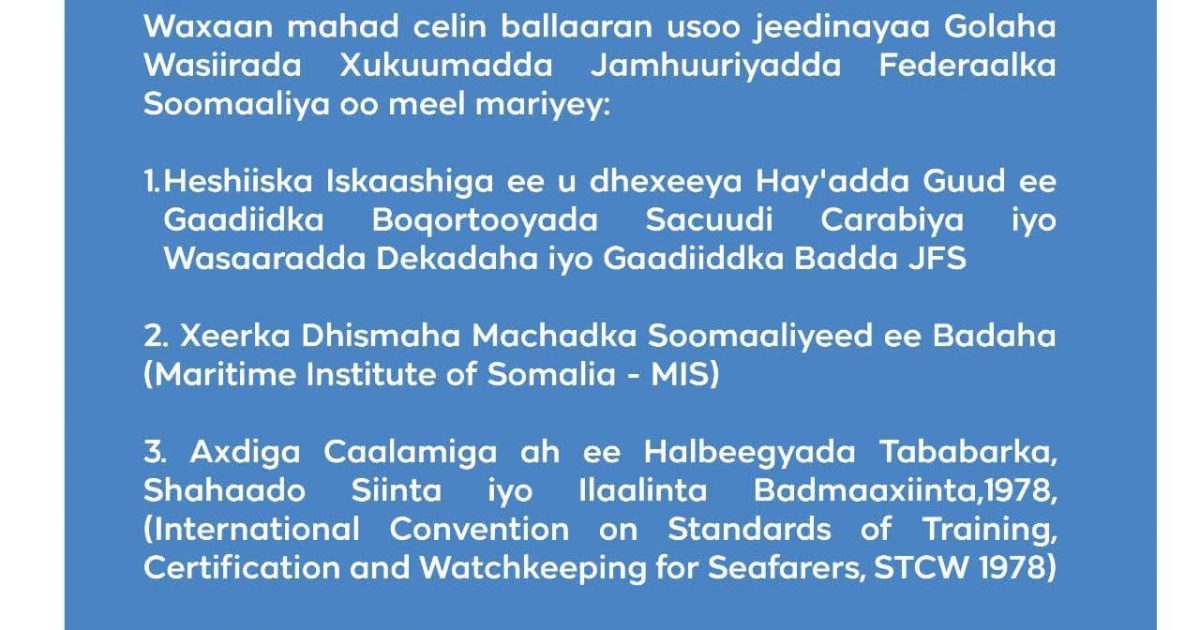 Wasiirka Gaadiidka Badda XFS oo ka mahadceliyay meel marinta sharciyo muhiim