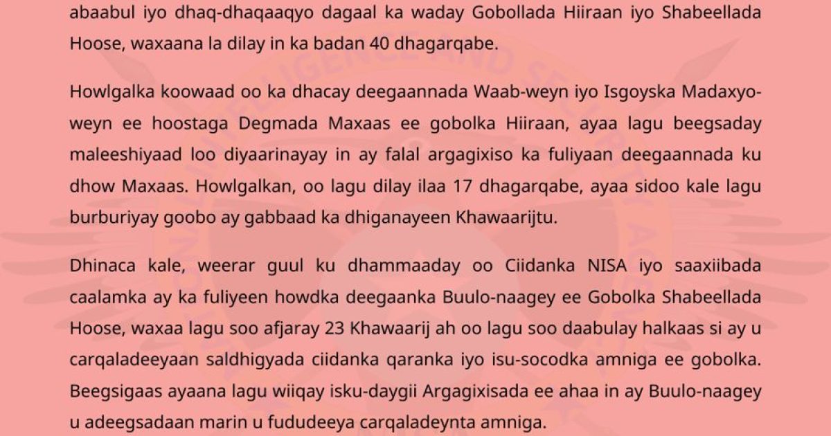 Ciidanka Nabadsugidda Qaranka oo howlgalo qorsheysan fuliyay