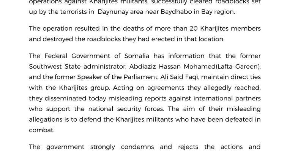 SOMALI NATIONAL FORCES CONDUCT MILITARY OPERATION AGAINST KHARIJITES AL SHABAB IN DAYNUNAY