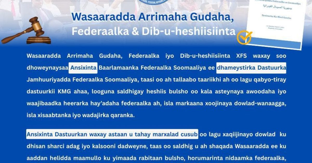 Wasaaradda Arrimaha Gudaha oo soo fhaweysay Ansixinta Dastuurka Soomaaliya