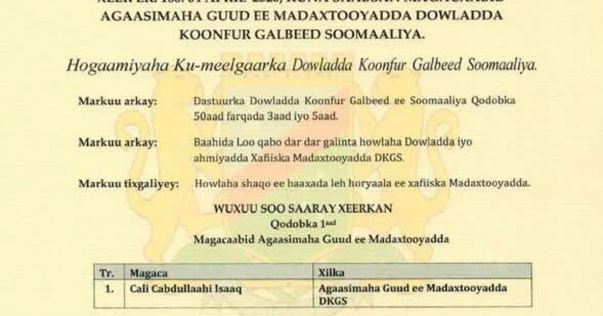 Cali Cabdulaahi oo loo magacaabay Agaasimaha Guud ee Madaxtooyada Koonfur Galbeed
