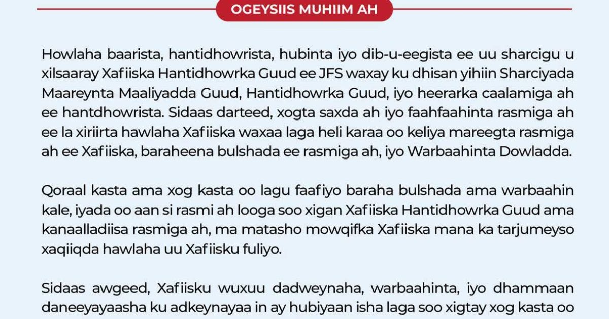 Xafiiska Hantidhowraha oo bayaan soo saaray