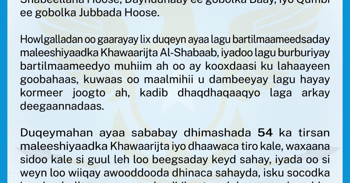 Wasaaradda Gaashaandhigga oo faahfaahin ka bixisay Howlgallo lagu dilay 60 Khawaarij ah