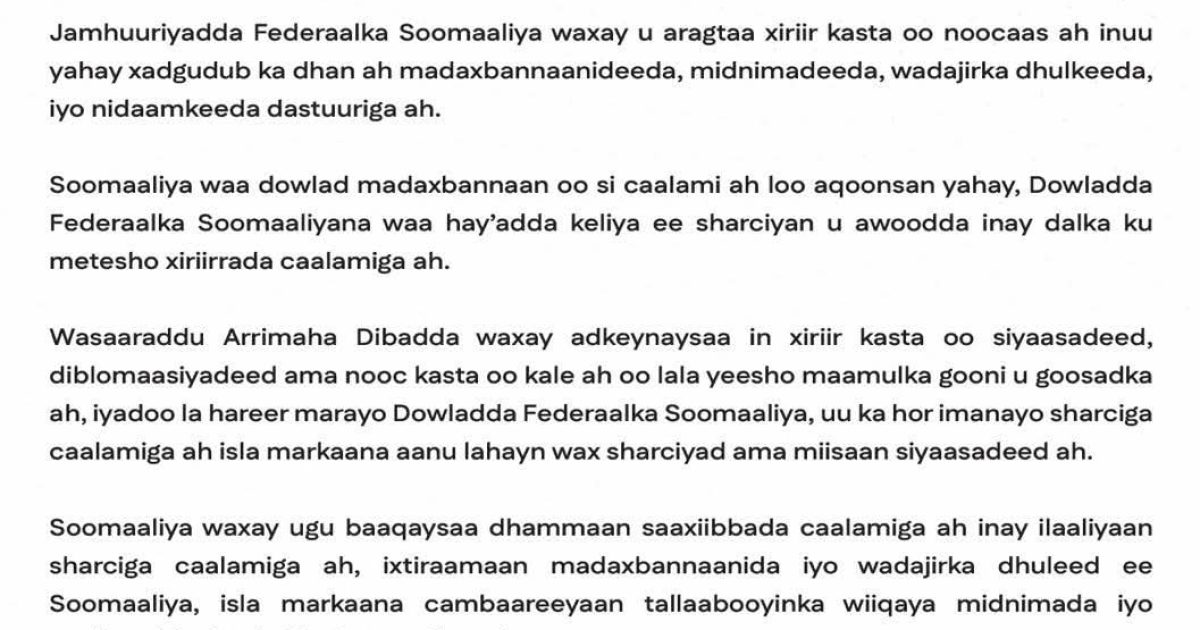 Soomaaliya oo ka digtay xiriir kasta oo Israa’iil la yeelato Maamulka gooni-u-goosadka ah ee Somaliland
